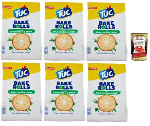 Tuc Bake Rolls, Chips di Pane Sottile e Croccante gusto Sour Cream & Onion, Oven Baked, Thin and Crispy Sour Cream and Onion Bread Chips 6 x 150 g + Italian Gourmet Polpa 400 g