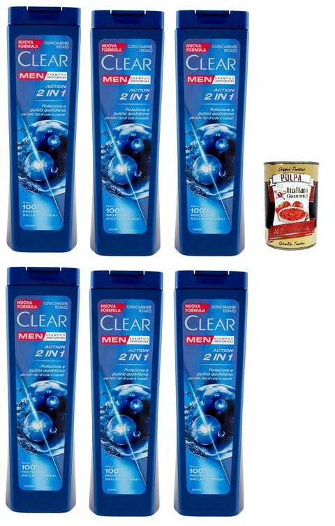 Clear Action 2-in-1 Men Shampoo for All Hair and Scalp Types – Dandruff Shampoo 6 x 225 ml + Italian Gourmet Polpa 400 g