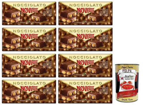 8 x Novi Nocciolato Gianduia con Nocciole Intere, Bar Gianduia Chocolate with Whole Hazelnuts 130 g + Italian Gourmet Polpa di Pomodoro 400 g Tin