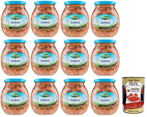 12 x Valfrutta Fagioli Borlotti, Italian Borlotti Beans, Legume Vegetables Boiled Beans, Glass 360 g + Italian Gourmet Polpa di Pomodoro 400 g Tin