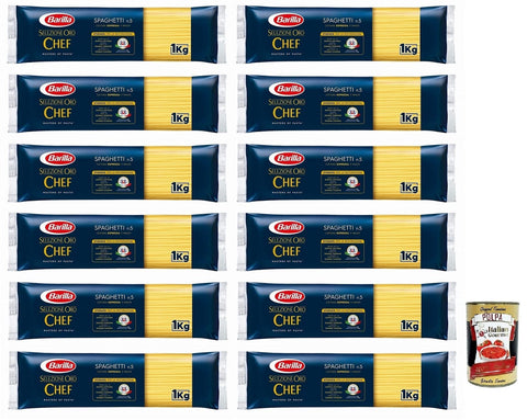 12 x Barilla Selezione Oro Chef Spaghetti n.5, Durum Wheat Semolina Pasta, 100% Italian Cereal, Pack of 1 kg + Italian Gourmet Polpa di Pomodoro 400 g Tin