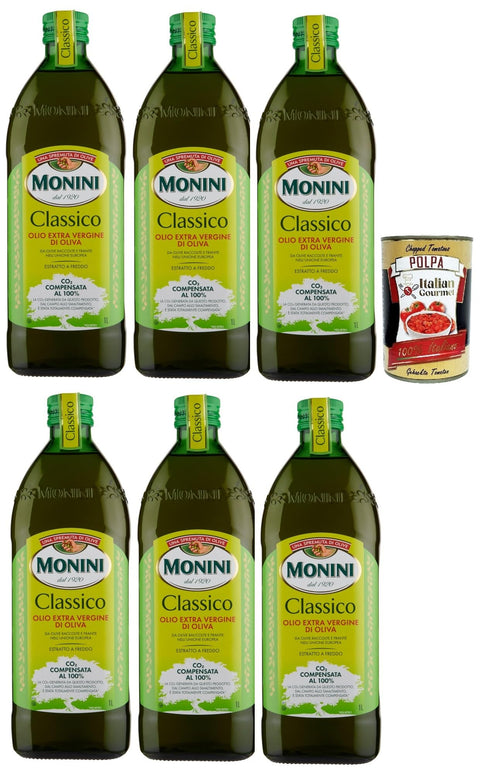Monini Classico Olio Extra Vergine di Oliva, Extra Virgin Olive Oil, High-Quality Extra Virgin Olive Oil Obtained from Olives by Mechanical Processes, 6 x 1 L + Italian Gourmet Polpa 400 g