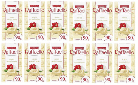 Ferrero Raffaello Crema di Mandorle e Cocco Filled White Chocolate with Almond Cream and Coconut 90 g Bar Pack of 12