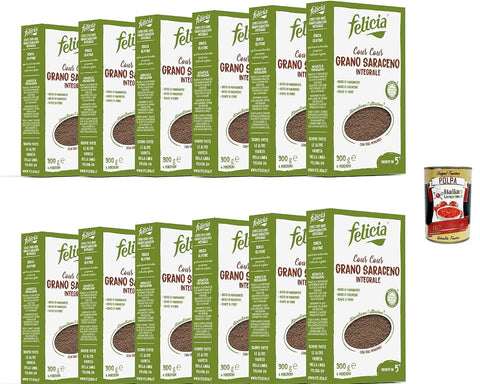 Felicia, Pasta Cous Cous di Grano Saraceno Integrale, Whole Grain Pasta, Rich Source of Fibre and Mineral Salts, Magnesium and Manganese, Vegan, 12 x 300 g + Italian Gourmet Polpa 400 g