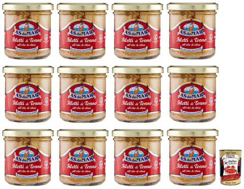AS do MAR Filetti di Tonno all'Olio di Oliva, Tuna Fillets in Olive Oil, 150 g Glass + Italian Gourmet Polpa di Pomodoro 400 g Tub, Pack of 12