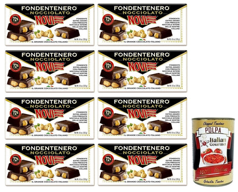 8 x Novi Fondentenero Nocciolato, Extremely Bitter Dark Chocolate with Whole Hazelnuts, 72% Cocoa, 130 g + Italian Gourmet Polpa di Pomodoro 400 g Tin
