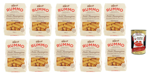 Rummo Rigatoni n° 50 Pasta Lenta Lavorazione Pasta Made of Durum Wheat Semolina Bronze Drawing 10 x 500 g + Italian Gourmet Polpa 400 g