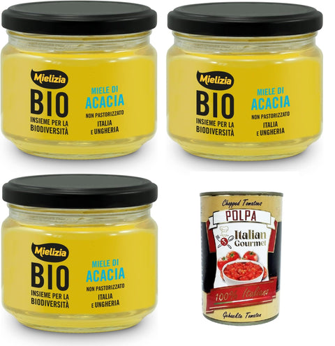 Mielizia Miele Di Acacia Non Pastorizzato Unpasteurised Acacia Honey 3 x 300 g + Italian Gourmet Polpa 400 g