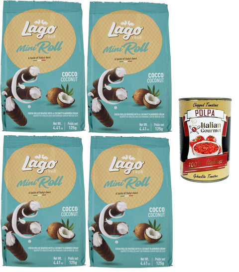 Gastone Lago Mini Roll Wafer Cannoli Filled with Coconut Cream 4 x 125 g + Italian Gourmet Polpa 400 g
