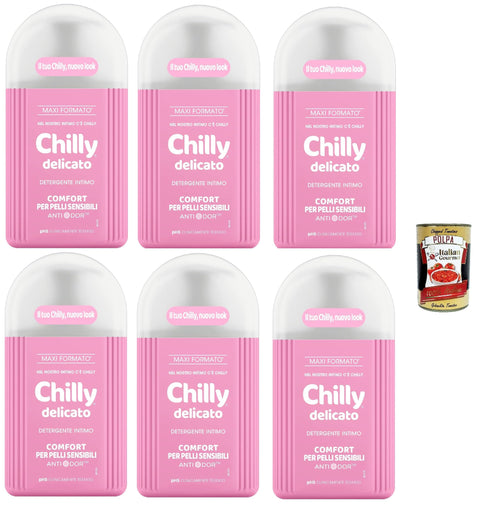 Chilly, Gentle Intimate Cleanser, Comfort for Sensitive Skin, with Anti-Odor, for Intimate Hygiene, Enriched with Aloe and Witch Hazel 6 x 200 ml + Italian Gourmet Polpa 400 g
