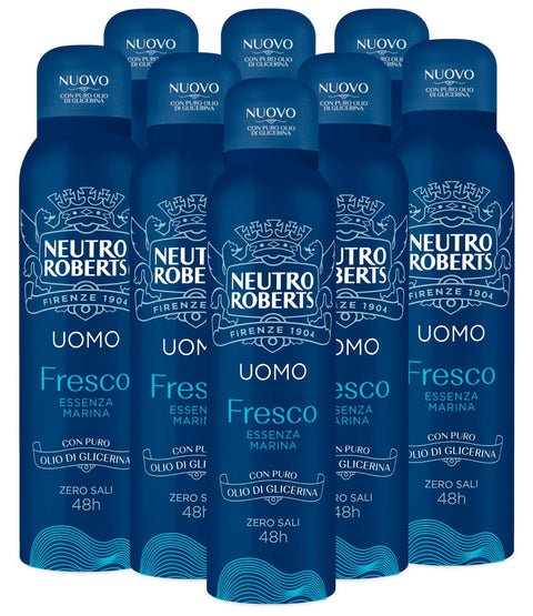 Neutro Roberts Deo Men's Deodorant Spray Fresh Essence Marine 48h Without Aluminium Salts for Natural Skin Transpiration Powder Free Formula Does Not Stain Clothes – 8 Bottles of 150 ml