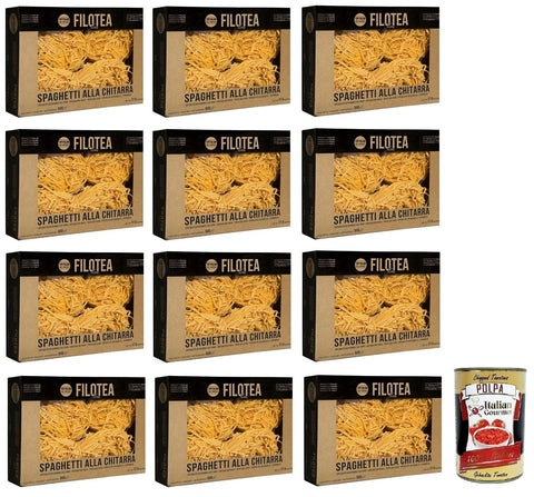 12 x Filotea Spaghetti alla Chitarra Pasta all'Uovo, Egg Noodles Made from Italian Raw Materials, Pack of 500 g + Italian Gourmet Polpa di Pomodoro 400 g Tin
