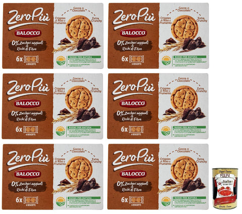 6 x Balocco Zero Più Biscotti without added sugar, biscuits with rice and wheat crispies, chocolate drops and extra crunchy 210 g + Italian Gourmet Polpa di Pomodoro 400 g tin