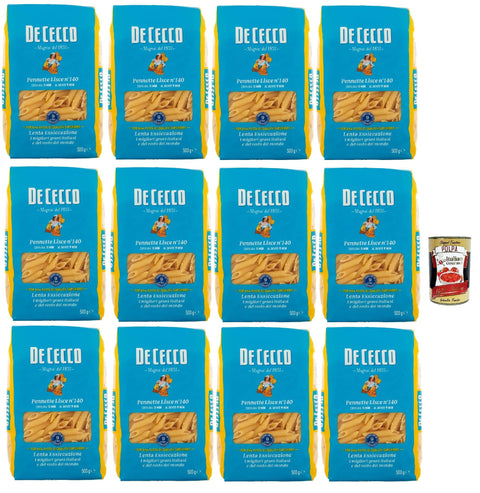 De Cecco Pennette Lisce n°140 – Pasta 12 x 500 g | Slow Drying | High Quality Durum Wheat Semolina | Cooking 11 min (al dente 9) | Ideal Tomato & Pesto Sauces + Italian Gourmet Polpa 400g