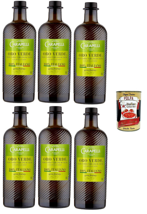 Carapelli Oro Verde Extra Virgin Olive Oil, 100% Italian, 6 Bottles x 1 Litre + Italian Gourmet Polpa 400g