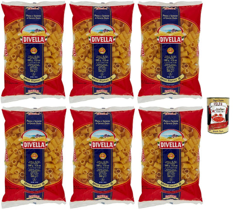 Divella Pasta 100% Italian Mezzi Rigatoni N° 18, Durum Wheat Semolina Pasta, Cooking 9 Minutes 6x 500g + Italian Gourmet Polpa 400g