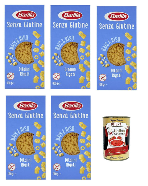 5 x Barilla Ditalini Rigati 400 g Senza Glutine Glutine Pasta Pasta, White Corn, Yellow Corn and Brown Rice Pasta + Italian Gourmet Polpa 400 g