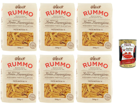 Rummo Pasta Mista No.74 6 x 500 g | Durum Wheat Semolina, al Bronzo - Slow Drying, Versatile Short Pasta, Extra Bite-Resistant - Premium Storage Pack + Italian Gourmet Polpa