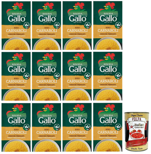 12 x Gallo Riso Riserva Carnaroli, 100% Italian Rice, Cooking Time 15 Minutes, Ideal for Risottos, Pack of 1 kg + Italian Gourmet Polpa di Pomodoro 400 g Tin