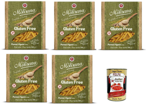 5 x La Molisana, Penne Rigate n. 20 Senza Glutine, Gluten-Free Pasta with Full Rice, Corn and Quinoa, Gluten Free, 400 g + Italian Gourmet Polpa 400 g