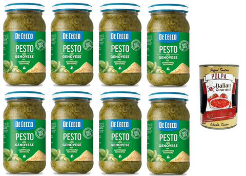 De Cecco Pesto alla Genovese con Parmigiano Reggiano Senza Aglio Pesto with Fresh Basil, Parmigiano Reggiano without Garlic Italian Sauce 8 x 190 g + Italian Gourmet Polpa 400 g