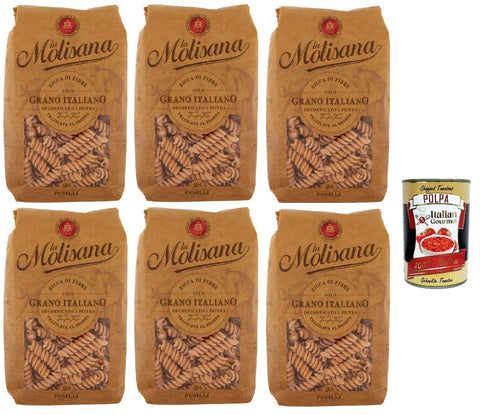 La Molisana Pasta Integrale Fusilli n°28 Whole Grain Pasta, 100% Italian Wheat, Bronze Paste 6 x 500 g Pack + Italian Gourmet Polpa 400 g