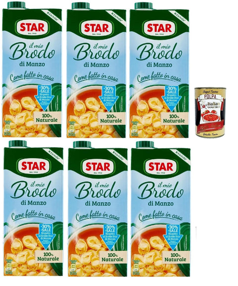 Star Il Mio Brodo di Manzo - 30% Salt, 6 x 1 L, Ready Made Liquid Broth, 100% Natural, No Preservatives, Gluten-Free and Added Glutamate-Free + Italian Gourmet Polpa 400 g