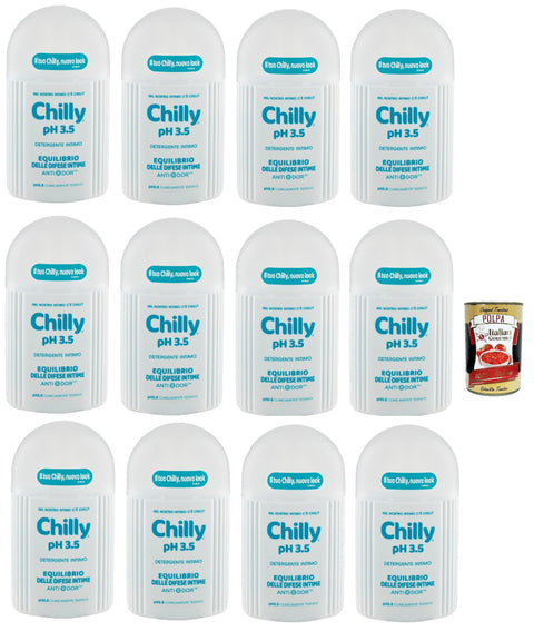 Chilly, Intimate Cleaner, pH 3.5, Balance for Intimate Defense, with Anti-Odor, Formula with Acid pH Value for Stimulation, 12 x 200 ml + Italian Gourmet Polpa 400 g