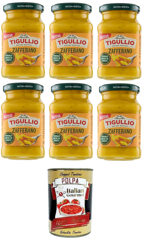 Tigullio Pesto Zafferano 6 x 190 g - Creamy Sauce with Saffron, Gluten Free - Italian Flavour for Pasta & More + Italian Gourmet Polpa 400 g