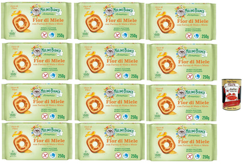 Mulino Bianco Fior di Miele Biscotti Frollini, Biscuits with Millefiori Honey, Gluten Free Biscuits with Corn Flour, Lactose Free, Gluten and Palm Oil, Mulino Armonia, 12 x 250 g + Italian Gourmet