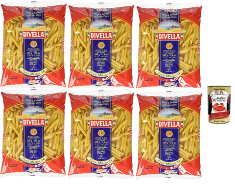 Divella Pasta 100% Italian Penne Mezzani 34, Durum Wheat Semolina Pasta, Cooking 8 Minutes 6 x 500 g + Italian Gourmet Polpa 400 g