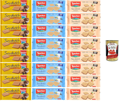 Loacker Test Pack Chocolate Hazelnut Milk Vanilla Sandwich Waffle Biscuits Wrapped by 2 Crispy Cocoa Wafers 24 x 75 g + Italian Gourmet Polpa di Pomodoro 400 g