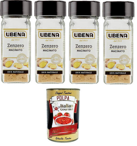 Ubena, Zenzero Macinato, ground ginger, pleasantly spicy, ideal for seasoning salads, infusions, sauces and exotic dishes, 4 x 25 g glass format + Italian gourmet polpa 400 g