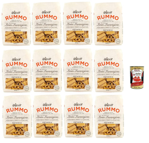 Rummo Rigatoni No.50 Pasta 12 x 500 g | Durum Wheat Semolina, al Bronzo - Slow Dried, Extra Bite-Resistant - Premium Short Pasta for Oven & Sugo, Storage Pack + Italian Gourmet Polpa