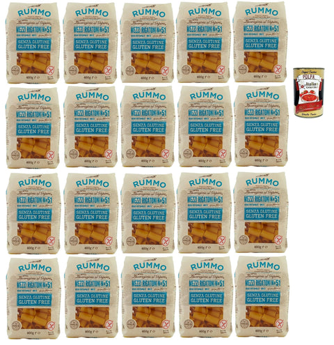 Rummo Pasta Noodles Gluten Free Mezzi Rigatoni N° 51, Bronze Drawn Glutein-Free, Perfect for People with Celiac Disease or Gluten Intolerance, 20 x 400 g + Italian Gourmet Polpa 400 g