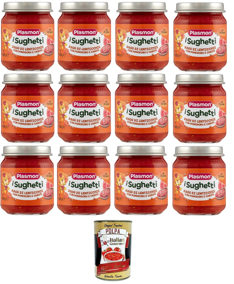 Plasmon I Sughetti Ragù di Lenticchie, Pomodoro e Carote I Sughetti Lentil, Tomato and Carrot ragout 12 x 120 g + Italian Gourmet Polpa 400 g