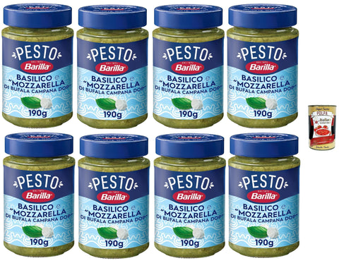 Barilla Pesto Basilico with Buffalo Mozzarella DOP, Pack of 8, Gluten Free, 190 g per Glass, + Italian Gourmet Polpa 400 g