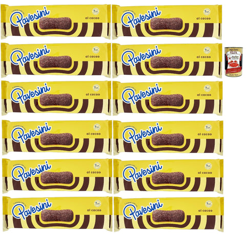 Pavesi Pavesini al Cacao, Biscotto Leggero per Colazione o Merenda, Light Biscuit with Cocoa for Breakfast or Snack, Biscuits Cookies, 12 x 200 g + Italian Gourmet Polpa 400 g