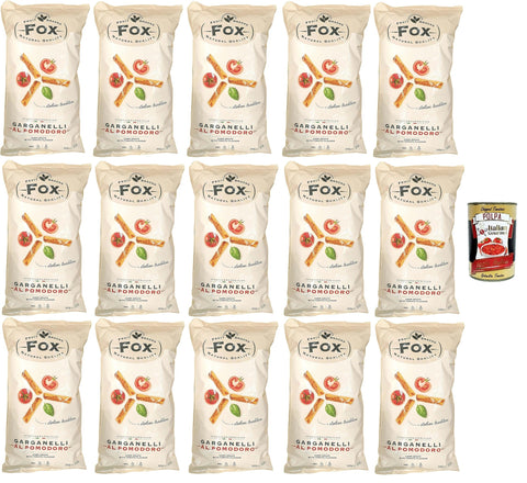 Fox Natural Quality, Garganelli al Pomodoro, Crispy Chips, Crispy Snacks on Corn in the Shape of a Garganello Rolled, 15 x 300 g + Italian Gourmet Polpa 400 g