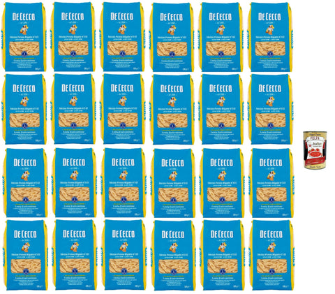 De Cecco Mezze Penne Rigate n°141, Pasta 24 x 500 g, Bronze Spun & Slow Dry, Quality Durum Wheat Semolina, Cooking 12 min (al dente 10) Ideal sauces & gratins + Italian Gourmet polpa 400g