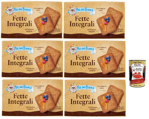 Mulino Bianco Fette Biscottate Le Integrali 6 x 630 g Whole Grain Rusk Biscuits, Breakfast Biscuits, Rusks Baked Bread + Italian Gourmet Polpa 400 g