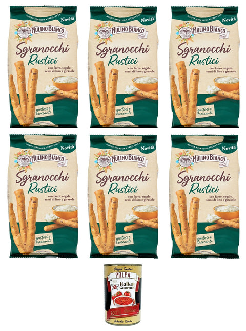 Mulino Bianco Grissini Sgranocchi Rustici - Crispy Breadsticks with Spelled, Rye, Linseed & Sunflower Seeds - 6 x 200 g + Italian Gourmet Polpa 400 g
