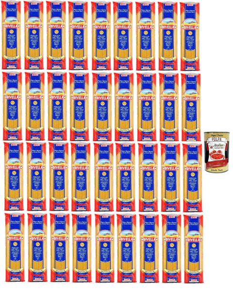Divella Pasta 100% Italian Spaghettini N° 9, Durum Wheat Semolina Pasta, Cooking 6 Minutes 36 x 500 g + Italian Gourmet Polpa 400 g