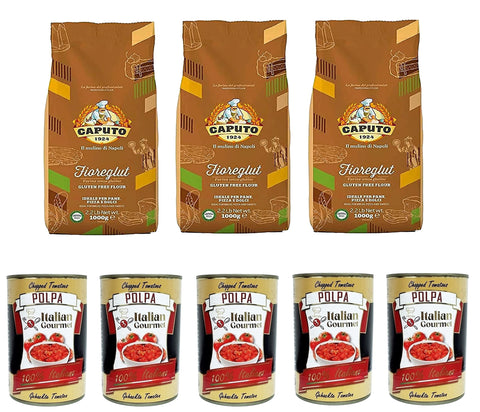 Caputo FioreGlut Gluten Free Flour Test Pack 1 kg 3 x 1 kg and Italian Gourmet Polpa di pomodoro Fine Chopped Tomato Paste 5 x 400 g