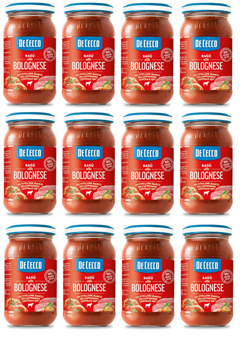 12x De Cecco Ragù alla Bolognese con Vitellone Bianco dell'Appenino Centrale IGP Sauce with White Beef from the Central Apennines IGP with 100% Italian Tomatoes 190 g