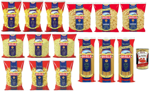 Divella Pasta Test Pack Ziti - Rotelle - Orecchiette - Stelline - Pipe Rigate, Italian Pasta Made of Durum Wheat Semolina, 15 x 500 g + Italian Gourmet Polpa 400 g