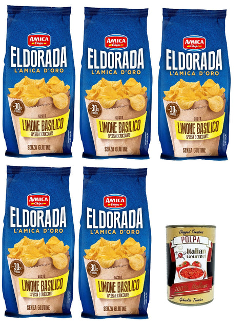 Amica Chips Eldorada Salty Potato Chips with Lemon and Basil 5 x 130 g Gluten-Free Crispy Potato Chips + Italian Gourmet Poplpa 400 g