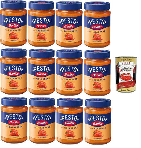 Barilla Pesto Alla Calabrese with Peperoni Condimento e Sugo per Pasta Calabrian Pesto with Paprika Spice and Pasta Sauce 12 x 190 g + Italian Gourmet Polpa 400 g