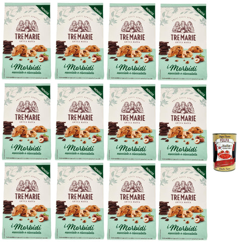 Tre Marie Biscotti i Morbidi Nocciole e Cioccolato, Biscuits with Chocolate Drops and Crisp Hazelnut Grains 12 x 300 g + Italian Gourmet Polpa di Pomodoro 400 g