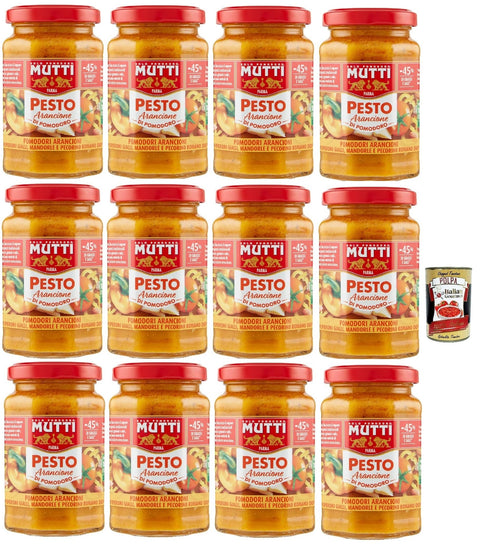 Mutti Pesto arancione di pomodoro, -45% of fat, pesto with yellow cherry tomatoes, almonds and pecorino cheese 12x 180g + Italian Gourmet polpa 400g